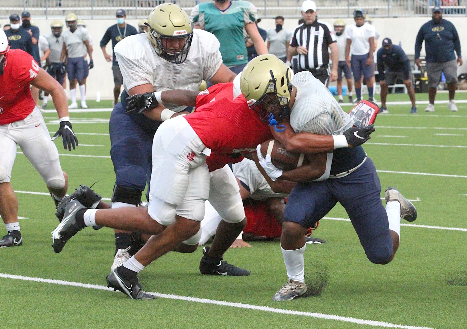 The Katy Tiger defense brought the boom in its scrimmage against Klein Collins last night at Legacy Stadium. In the live periods of play, Katy held the visiting Tigers scoreless through two quarters.
